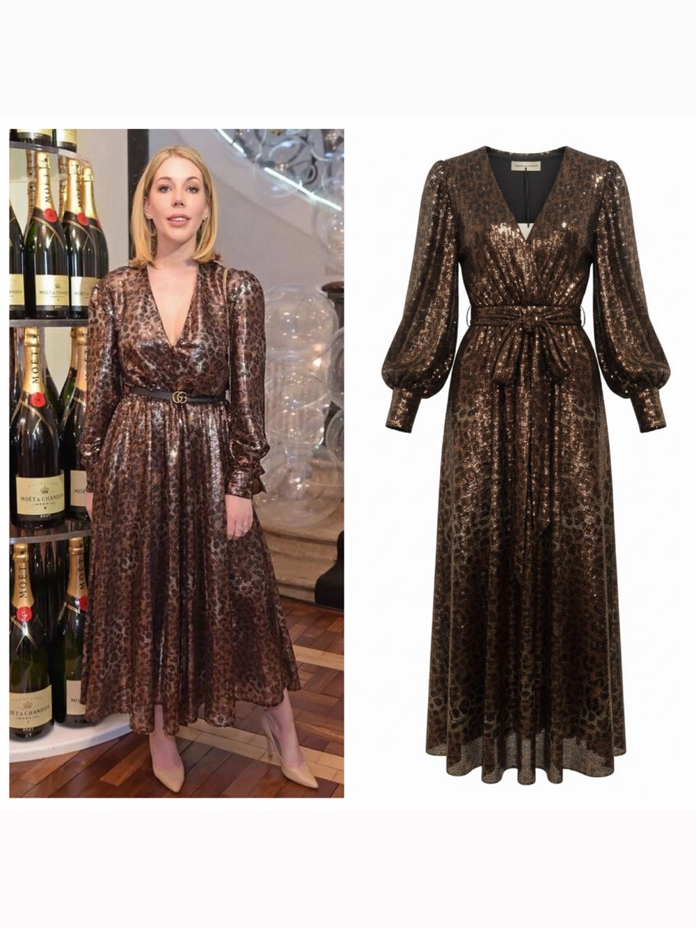 MSGM Brown Leopard Sequin Midi Dress Party Cocktail Long Sleeve 4 Tie Waist 🟡